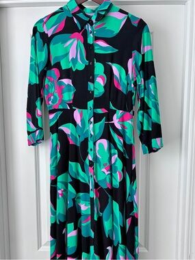 YAS Floral Button-Front Midi Dress in Black, Teal & Pink